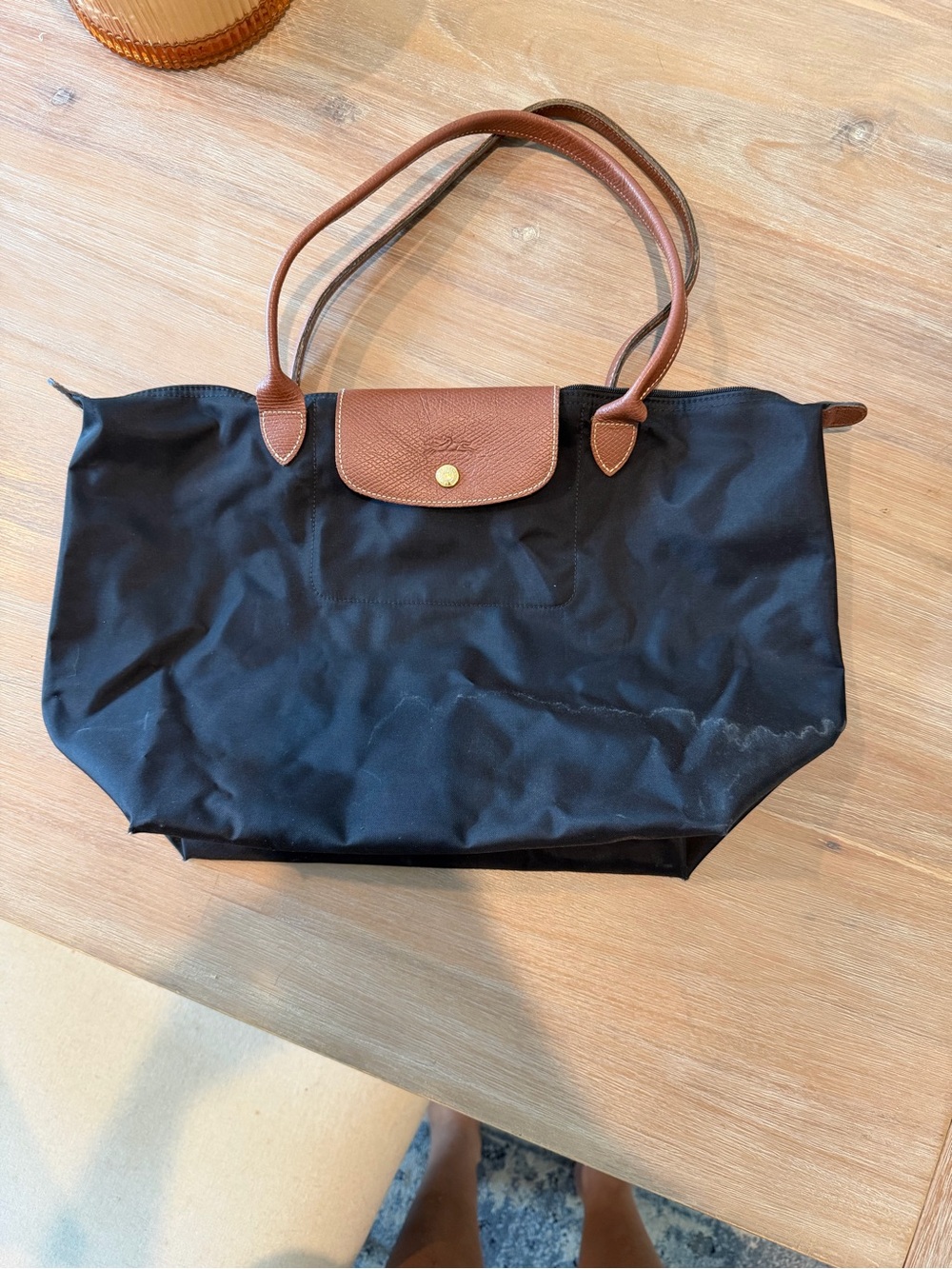 Longchamp Black Tote with Brown Leather Trim